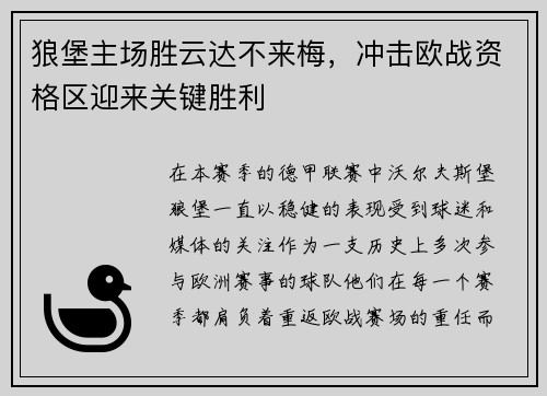 狼堡主场胜云达不来梅，冲击欧战资格区迎来关键胜利